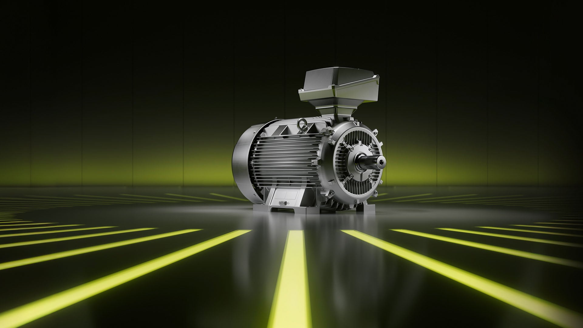 Elektromotor von Innomotics in futuristischer Umgebung mit gelb beleuchteten Linien am Boden.