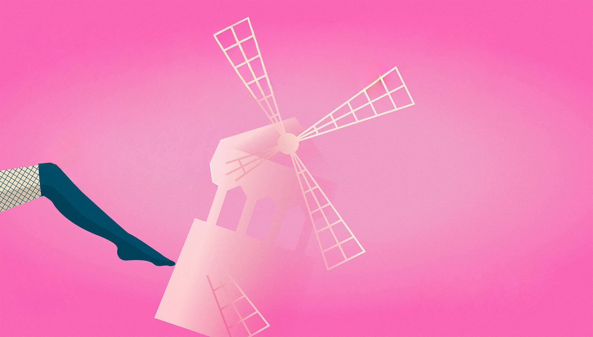 Pink illustration featuring a stylised windmill for the theatre group Die Schlampenlichter.