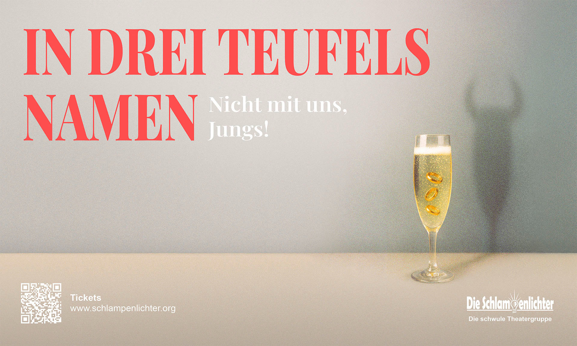 Champagne glass with golden rings, with a devil shadow in the background. Promotional visual for Die Schlampenlichter.